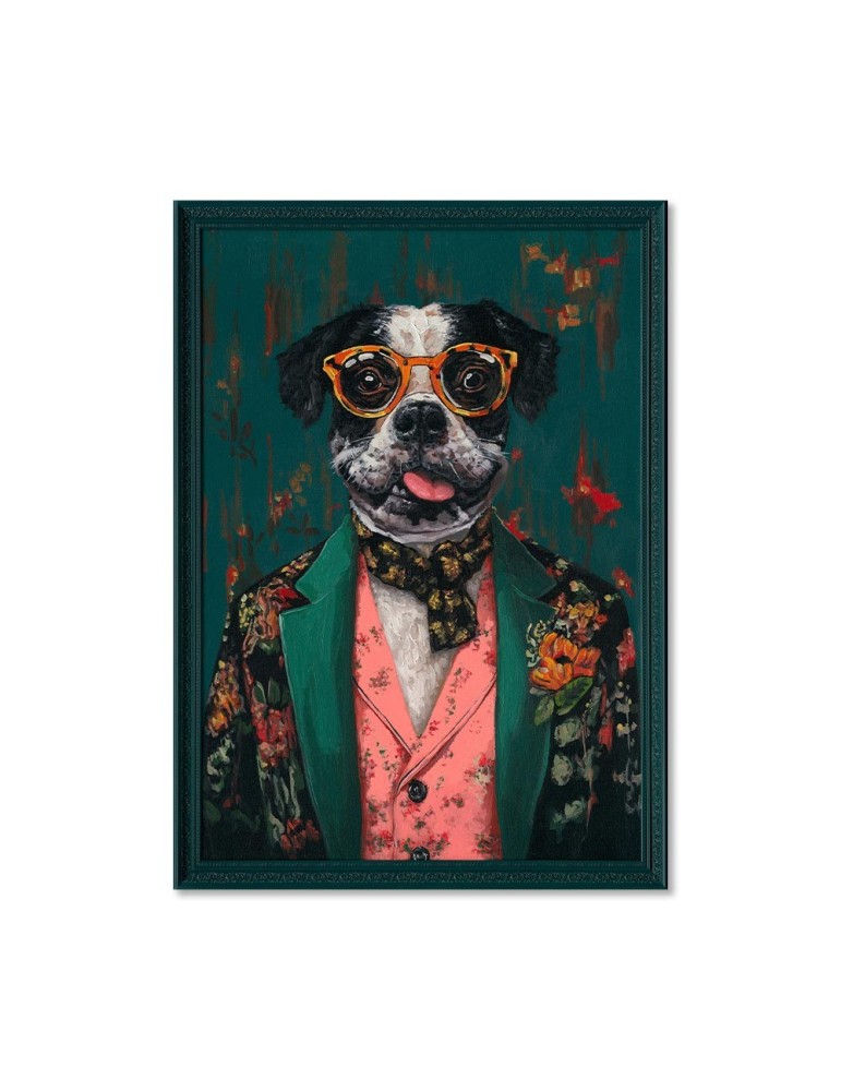 CADRE CHIEN HUMANISE SUR FOND BOIS PEINTURE REPRIS A LA MAIN 70 X 100 X 3 CM - Photo N°1