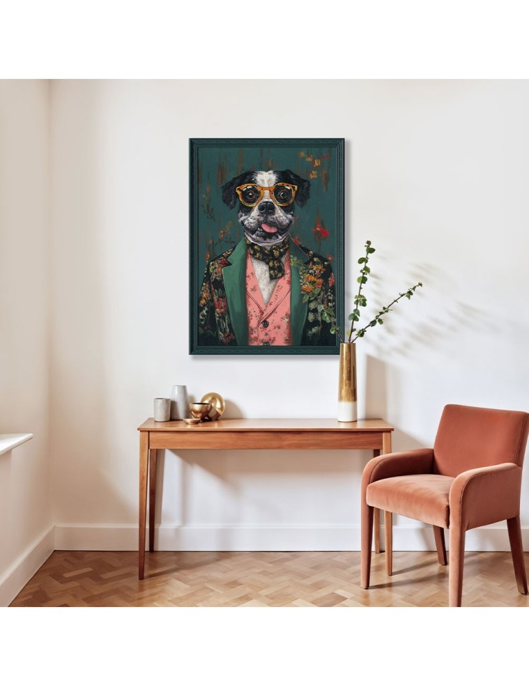 CADRE CHIEN HUMANISE SUR FOND BOIS PEINTURE REPRIS A LA MAIN 70 X 100 X 3 CM - Photo N°6