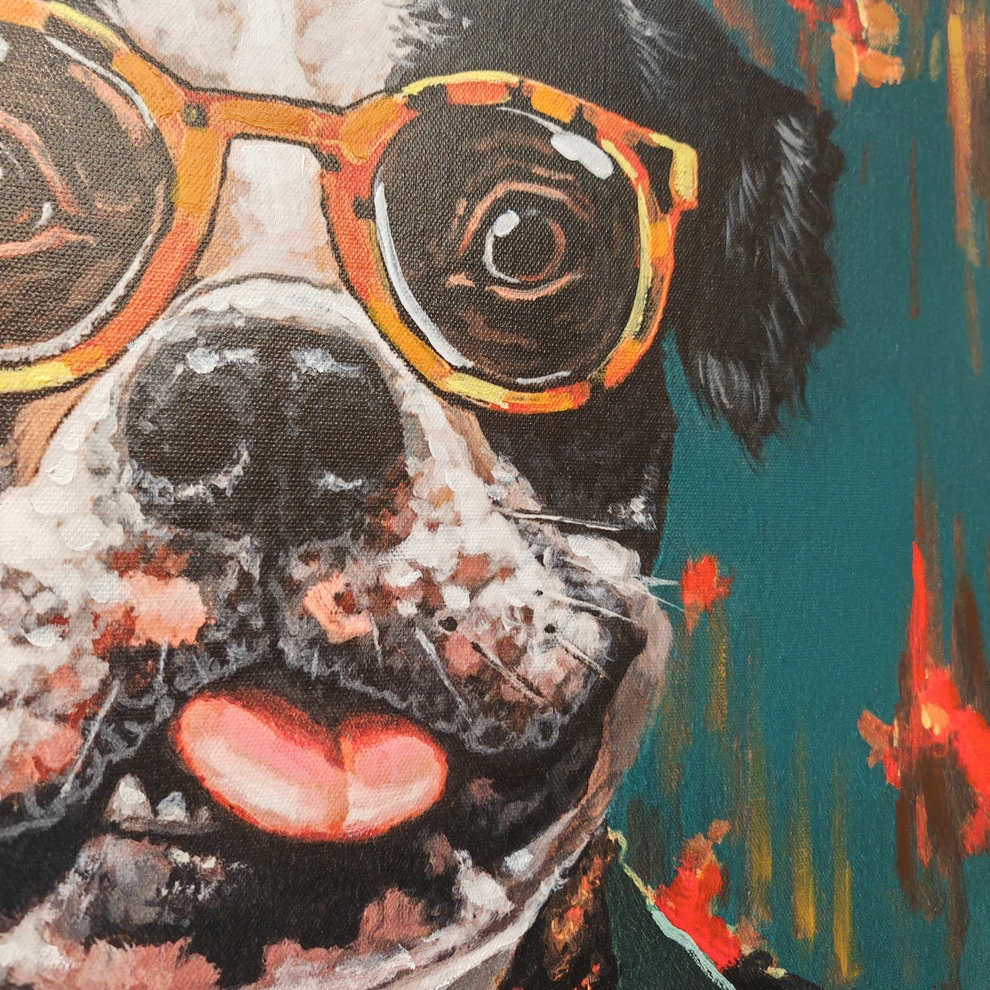 CADRE CHIEN HUMANISE SUR FOND BOIS PEINTURE REPRIS A LA MAIN 70 X 100 X 3 CM - Photo N°5