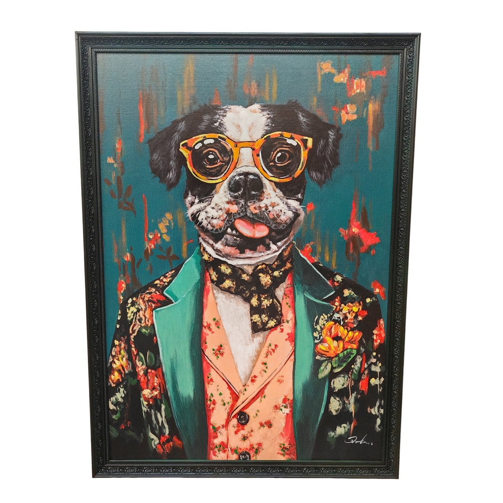 CADRE CHIEN HUMANISE SUR FOND BOIS PEINTURE REPRIS A LA MAIN 70 X 100 X 3 CM - Photo N°4