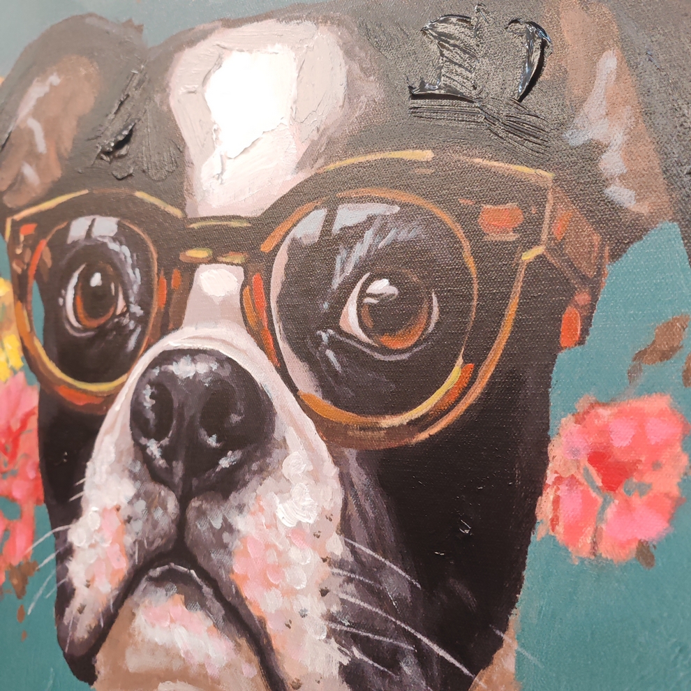 CADRE CHIEN HUMANISE SUR FOND BOIS PEINTURE REPRIS A LA MAIN 70 X 100 X 3 CM - Photo N°7