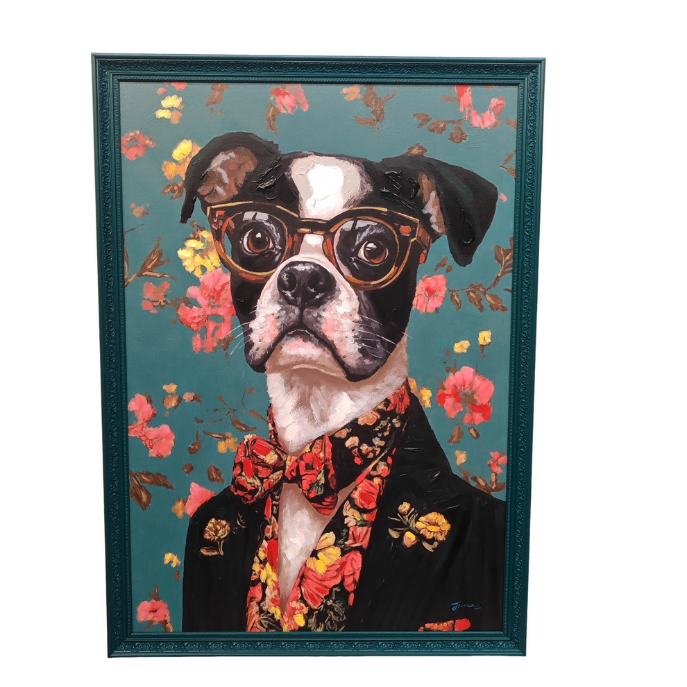 CADRE CHIEN HUMANISE SUR FOND BOIS PEINTURE REPRIS A LA MAIN 70 X 100 X 3 CM - Photo N°6