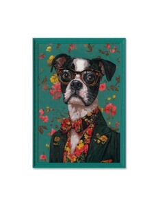 CADRE CHIEN HUMANISE SUR FOND BOIS PEINTURE REPRIS A LA MAIN 70 X 100 X 3 CM