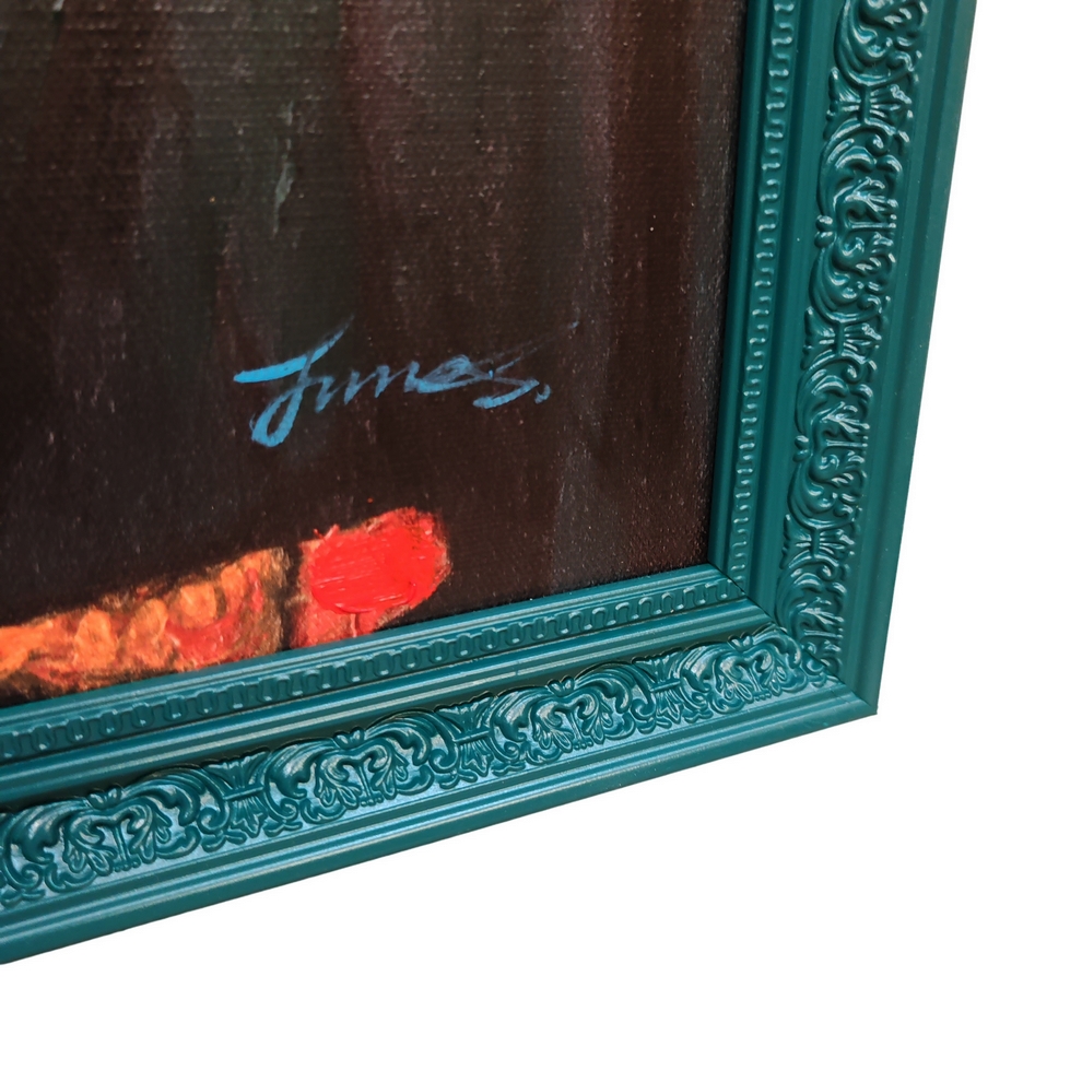 CADRE CHIEN HUMANISE SUR FOND BOIS PEINTURE REPRIS A LA MAIN 70 X 100 X 3 CM - Photo N°3