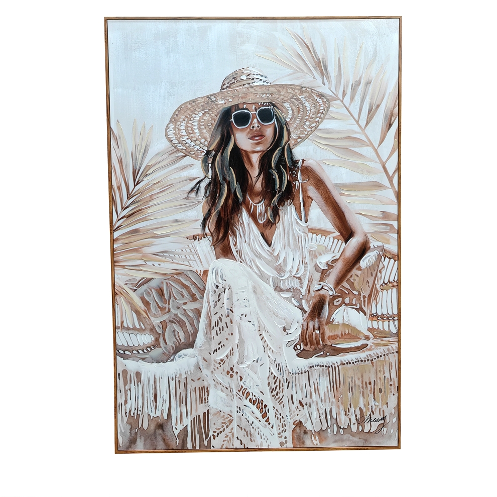 PEINTURE FEMME BOHEME EN BLANC 80 X 120 X 4.5 CM - Photo N°1