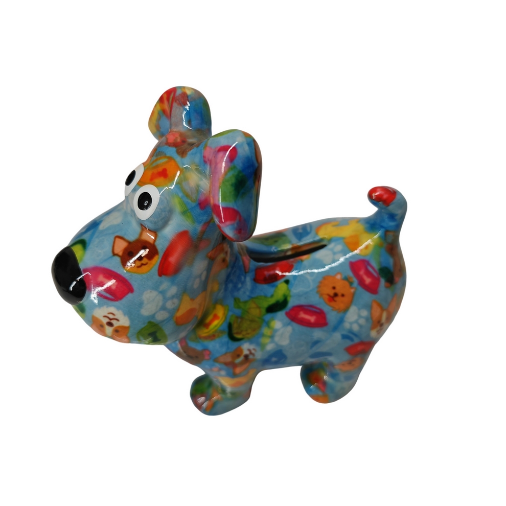 TIRELIRE CHIEN HUGO POMME PIDOU BLEUE ET DECOR MULTICOLORE - Photo N°2