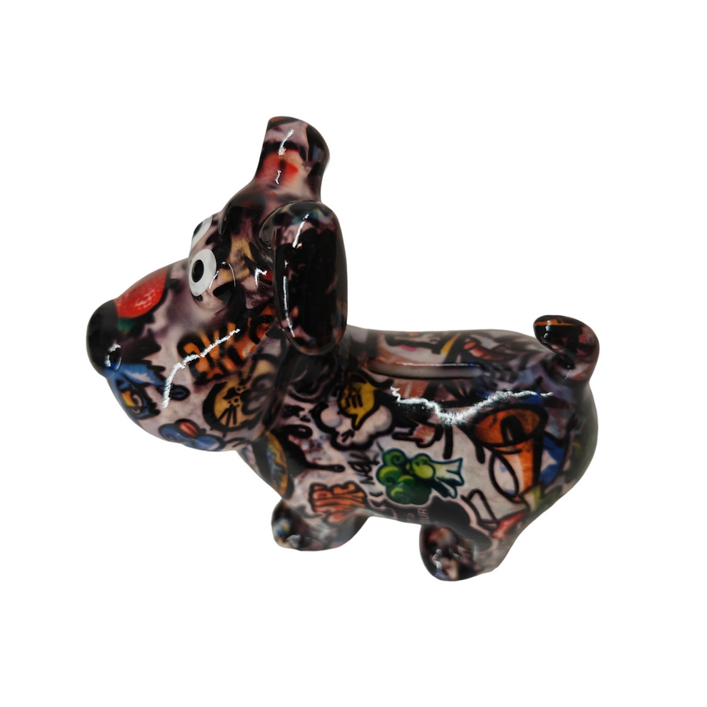 TIRELIRE CHIEN HUGO POMME PIDOU NOIRE ET TAGS - Photo N°3