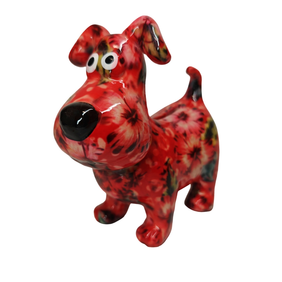 TIRELIRE CHIEN HUGO POMME PIDOU ROUGE ET FLEURS - Photo N°1