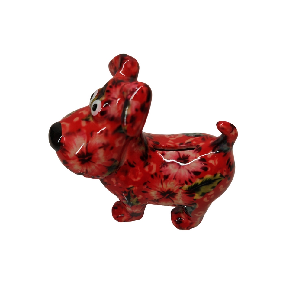 TIRELIRE CHIEN HUGO POMME PIDOU ROUGE ET FLEURS - Photo N°3