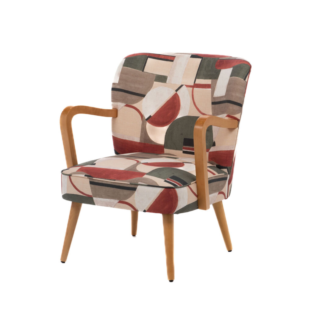 FAUTEUIL HOANI  STYLE ART DECO BOIS ET TISSU GEOMETRIQUE 63 X 79 X 70 CM - Photo N°1