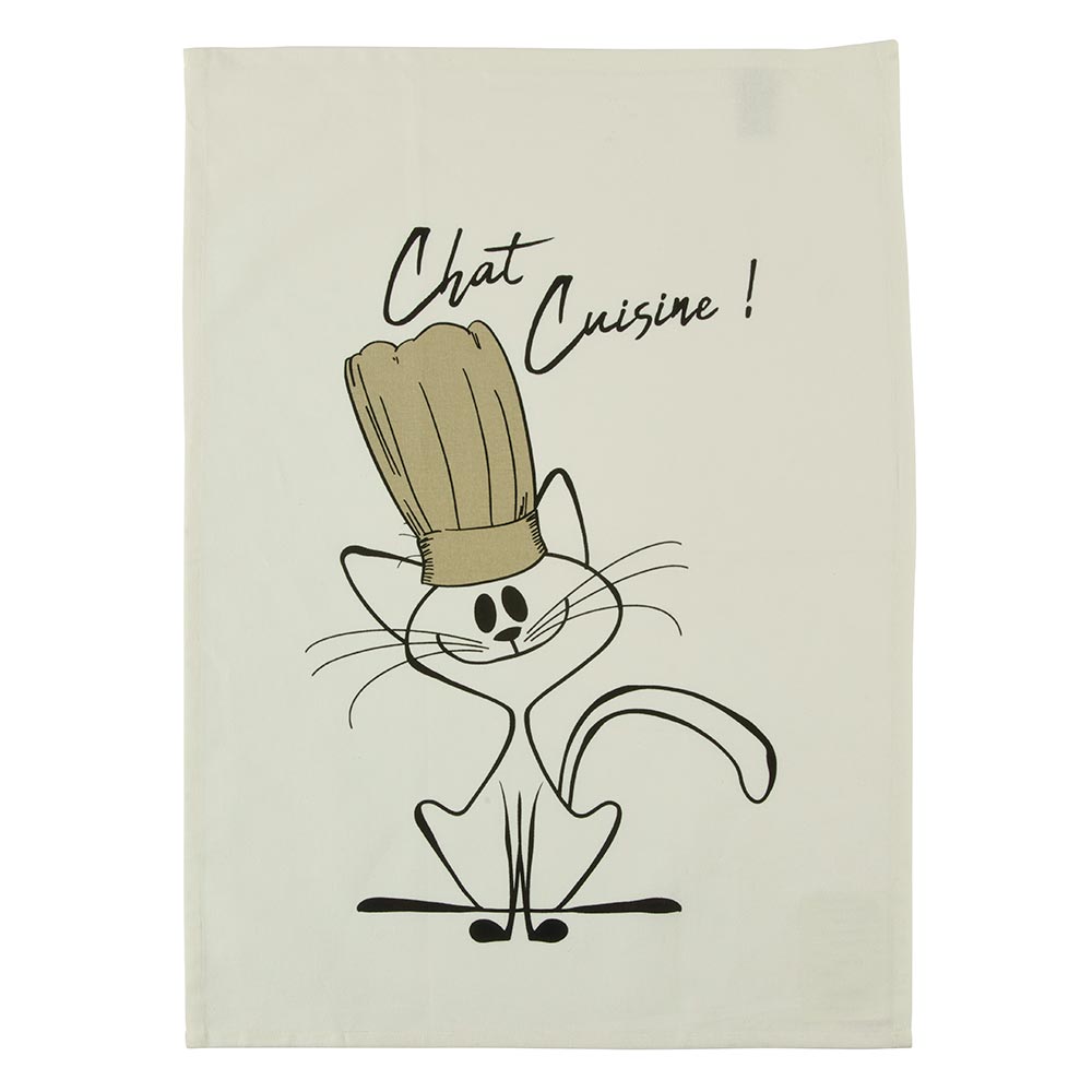 TORCHON DESIGN CHAT CHAT CUISINE  ! COTON NATUREL 50 x 70 cm - Photo N°1