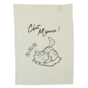 TORCHON DESIGN CHAT CHAT M'EPUISE ! COTON NATUREL 50 x 70 cm