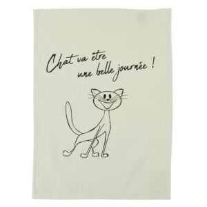 TORCHON DESIGN CHAT CHAT VA ETRE UNE BELLE JOURNEE ! COTON NATUREL 50 x 70 cm