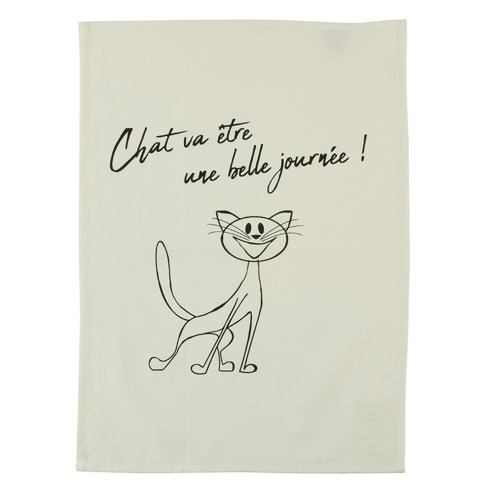 TORCHON DESIGN CHAT CHAT VA ETRE UNE BELLE JOURNEE ! COTON NATUREL 50 x 70 cm - Photo N°1