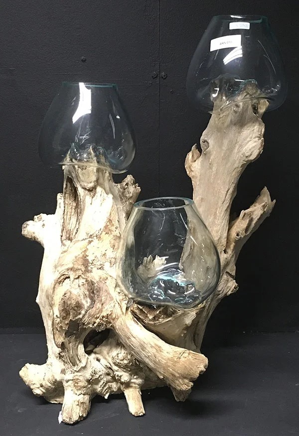 RACINE DECORATIVE EN TECK AVEC 3 BULLES DE VERRE FONDU SUR BOIS ENV 60 CM - Photo N°3