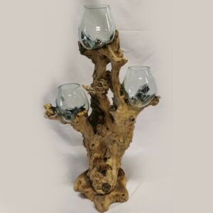 RACINE DECORATIVE EN TECK AVEC 3 BULLES DE VERRE FONDU SUR BOIS ENV 70 CM