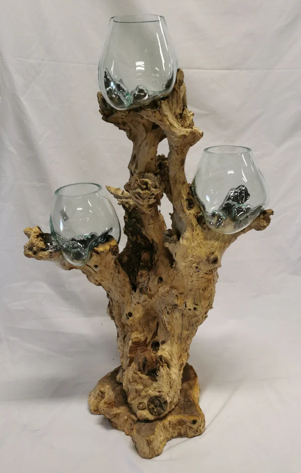 RACINE DECORATIVE EN TECK AVEC 3 BULLES DE VERRE FONDU SUR BOIS ENV 70 CM - Photo N°2
