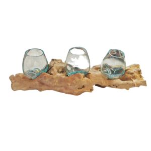 RACINE DECORATIVE EN TECK AVEC 3 BULLES DE VERRE FONDU SUR BOIS 50 cm