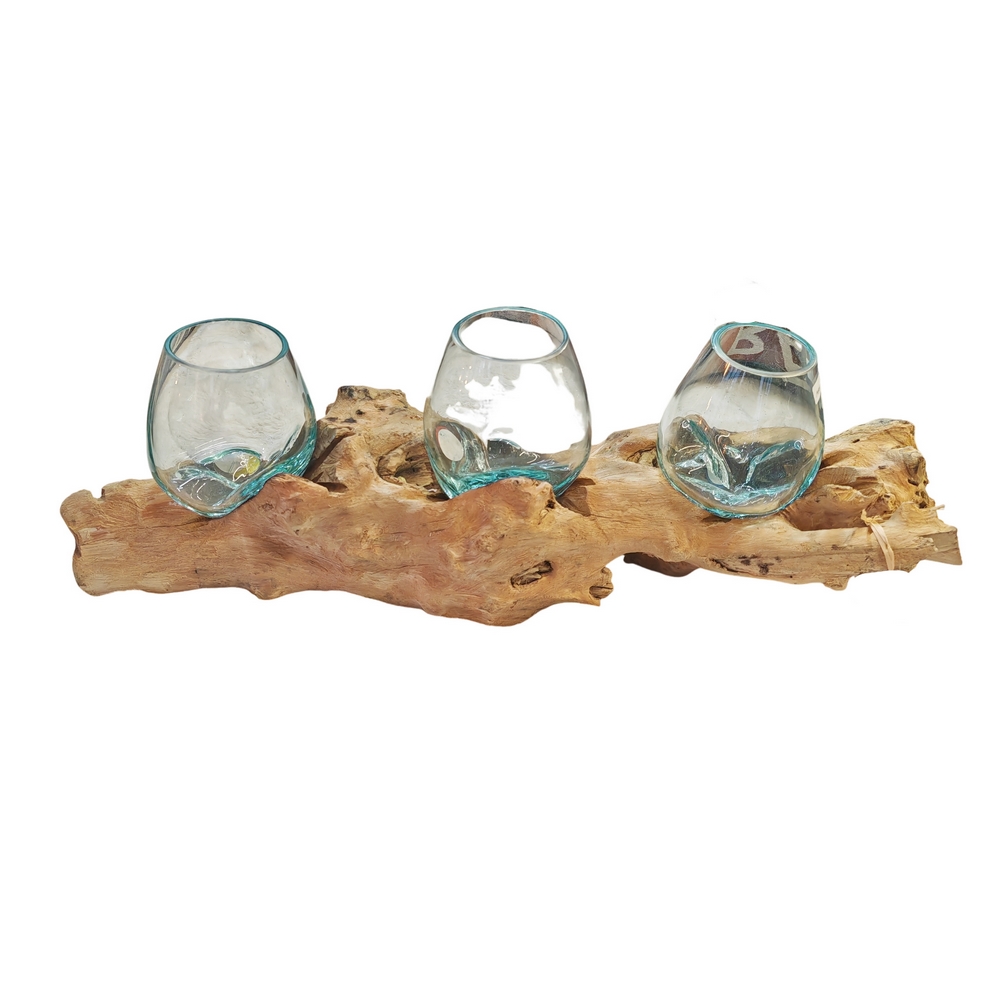 RACINE DECORATIVE EN TECK AVEC 3 BULLES DE VERRE FONDU SUR BOIS 50 cm - Photo N°1