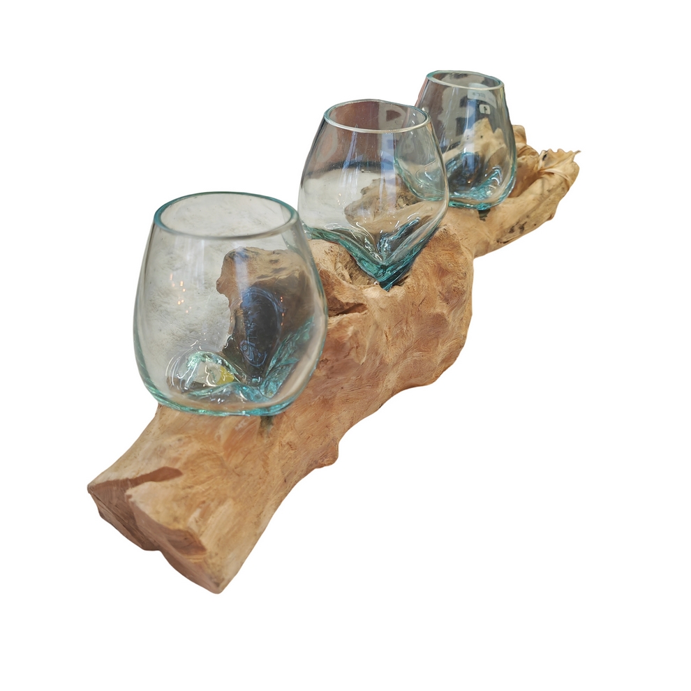 RACINE DECORATIVE EN TECK AVEC 3 BULLES DE VERRE FONDU SUR BOIS 50 cm - Photo N°3