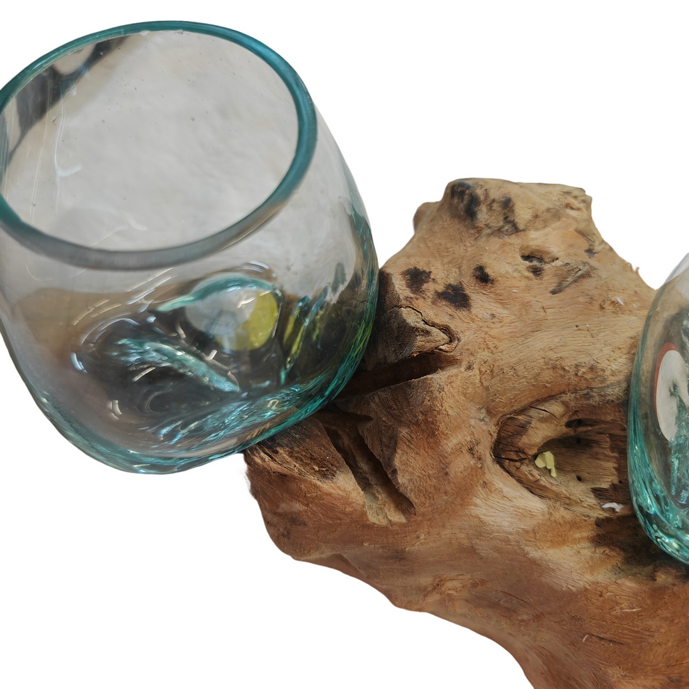 RACINE DECORATIVE EN TECK AVEC 3 BULLES DE VERRE FONDU SUR BOIS 50 cm - Photo N°2