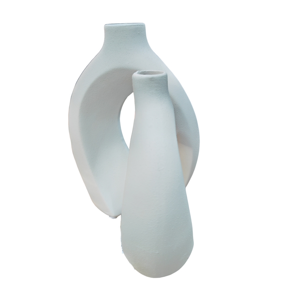 SET DE 2 VASES TERRES CUITES COLORIS BLANCS AJOURES AUX CENTRE 16 X 21.5 X 7 CM - Photo N°2