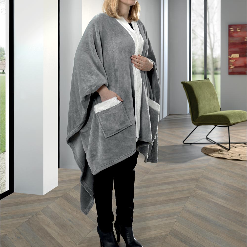 PONCHO D'INTERIEUR GRIS CLAIR ET FAUSSE FOURRURE ECRUE 100% POLYESTER - Photo N°1