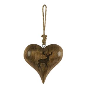 COEUR EN BOIS DE MANGUIER ET FICELLE DECOR CERF GRAVE  12 x 12 x 2.5 cm