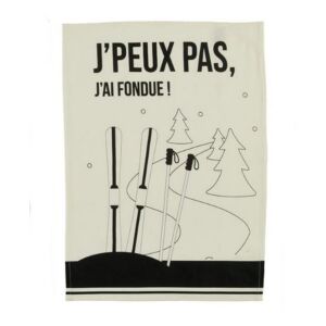 TORCHON DESIGN SKI J'PEUX PAS J'AI FONDUE ! COTON NATUREL 50 x 70 cm