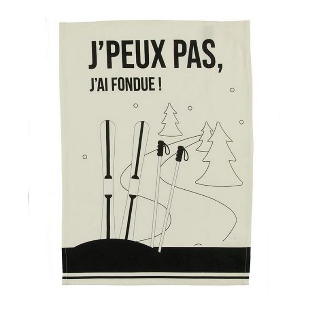 TORCHON DESIGN SKI J'PEUX PAS J'AI FONDUE ! COTON NATUREL 50 x 70 cm - Photo N°1