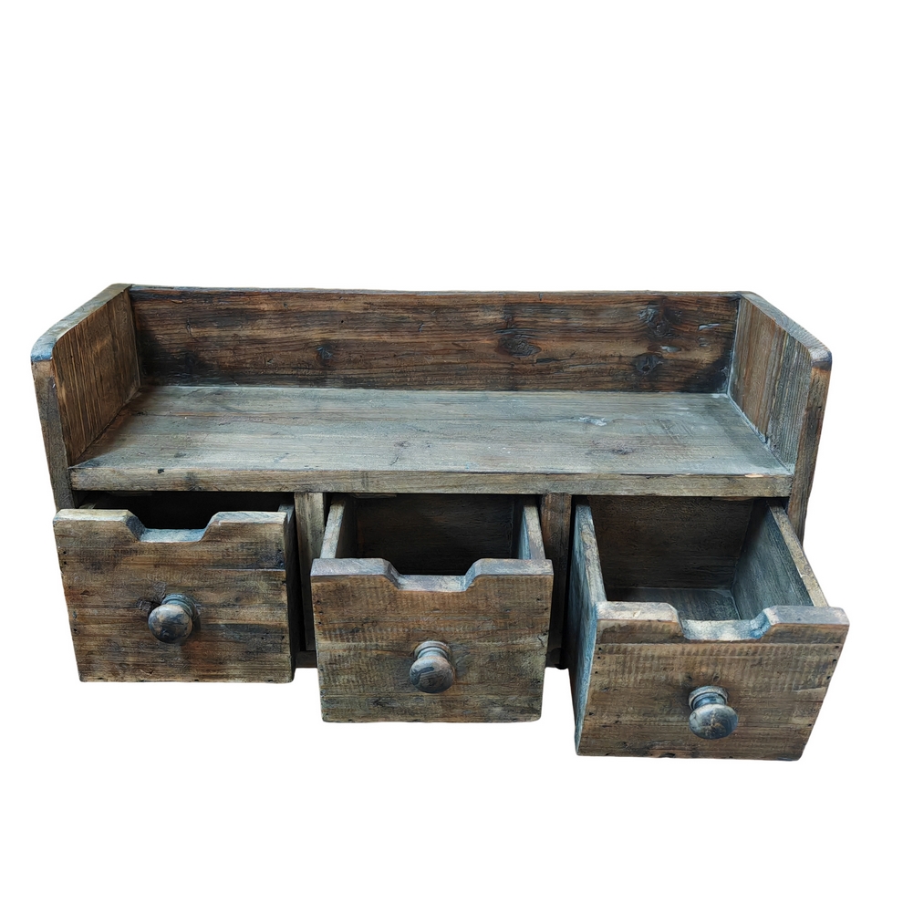 ETAGERE MURALE 3 TIROIRS EN VIEUX BOIS 52.5 X 25 X 18 CM - Photo N°2
