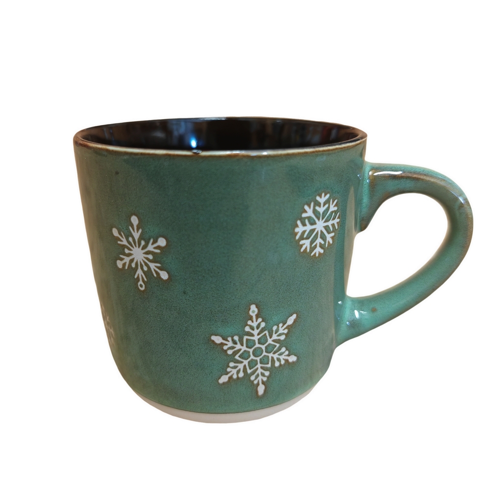 MUG VERT SAPIN  et  ECRU DECOR FLOCONS  GRES 9.6 X 10.8 CM - Photo N°1