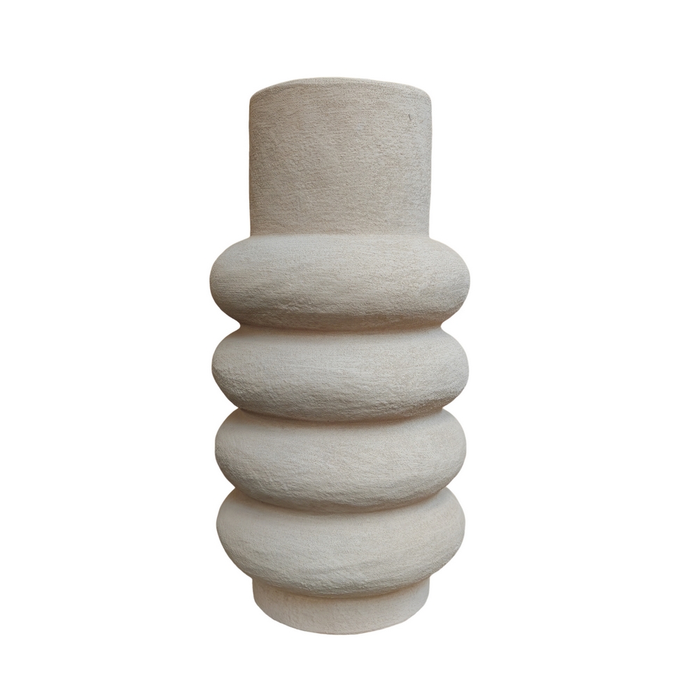 VASE EN GRES COLORIS SABLE CYLINDRIQUE 3 ANNEAUX 19 X 37 X 19 CM - Photo N°1