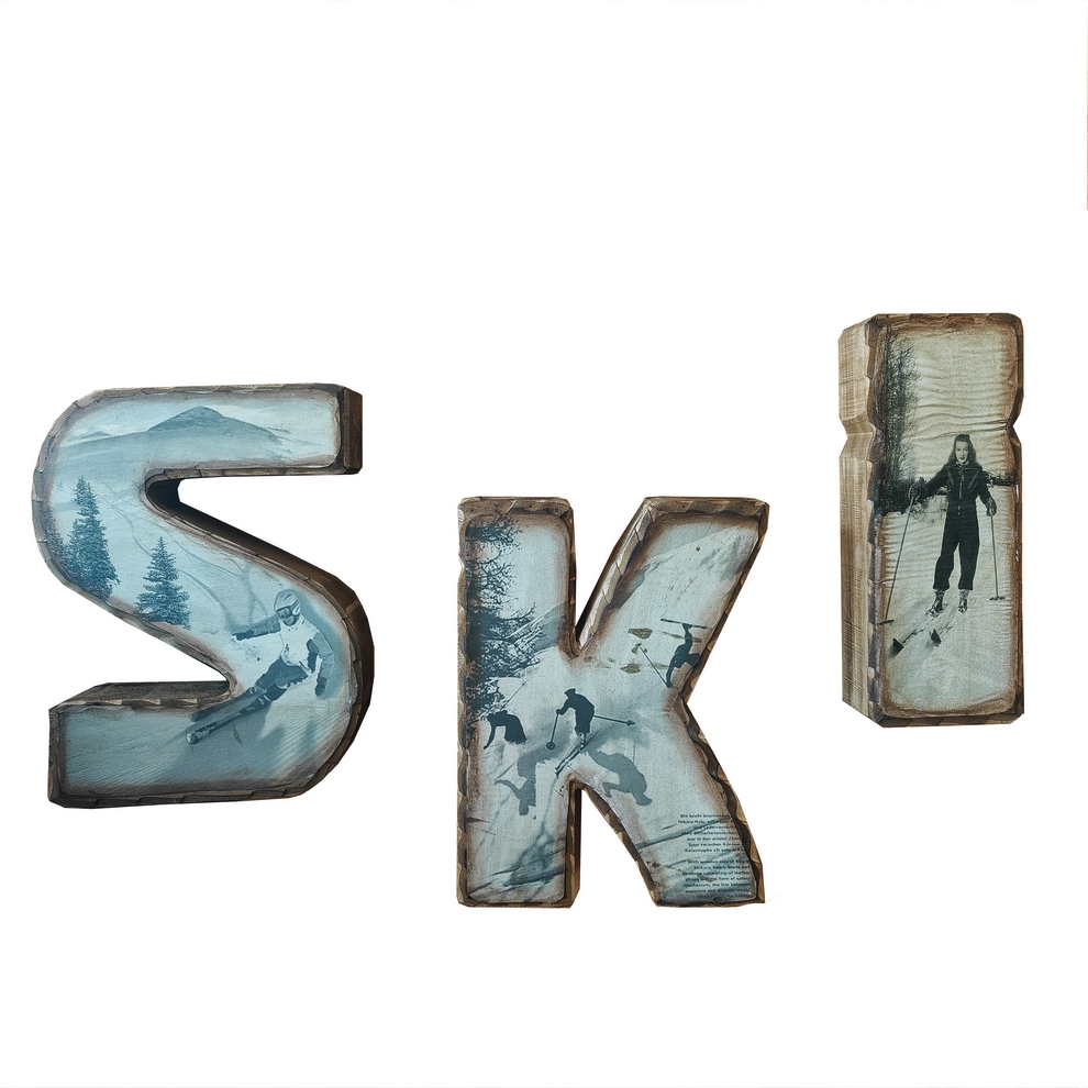 MOT SKI LETTRES DECOUPEES EN BOIS AVEC PHOTOS INCRUSTEES 74 X 39.5 X 10 CM - Photo N°6
