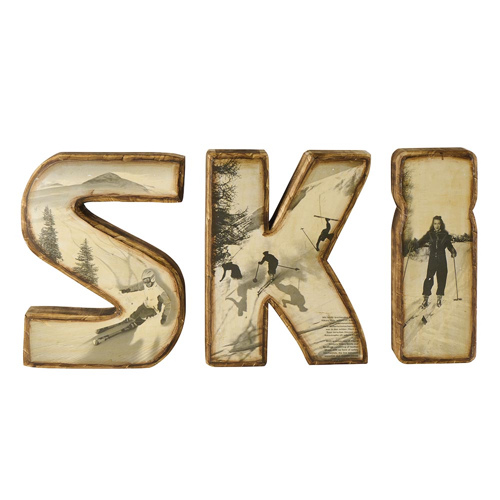 MOT SKI LETTRES DECOUPEES EN BOIS AVEC PHOTOS INCRUSTEES 74 X 39.5 X 10 CM - Photo N°1