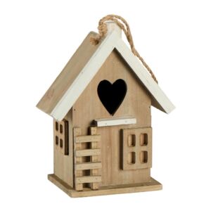 CABANE A OISEAUX BOIS OUVERTURE COEUR NATURELLE ET BLANCHE 19 X 24 X 12 CM