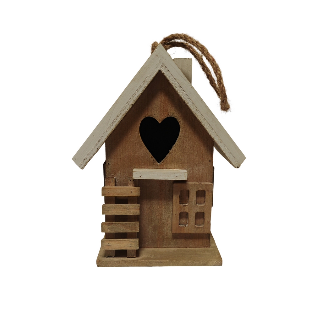 CABANE A OISEAUX BOIS OUVERTURE COEUR NATURELLE ET BLANCHE 19 X 24 X 12 CM - Photo N°5