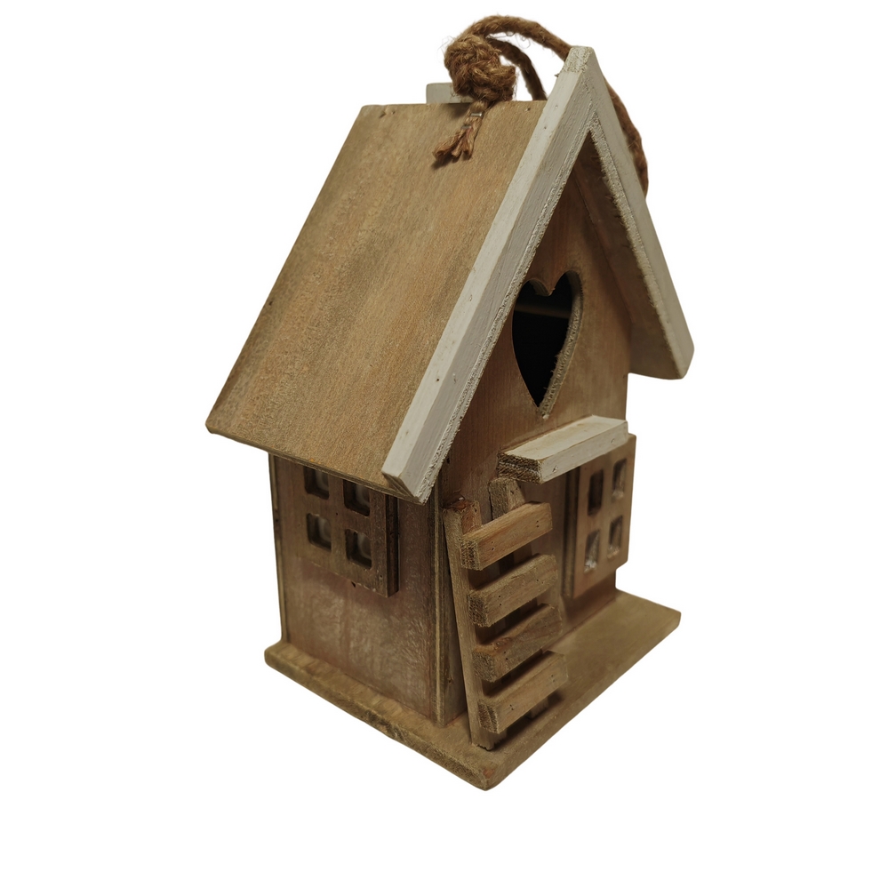 CABANE A OISEAUX BOIS OUVERTURE COEUR NATURELLE ET BLANCHE 19 X 24 X 12 CM - Photo N°3