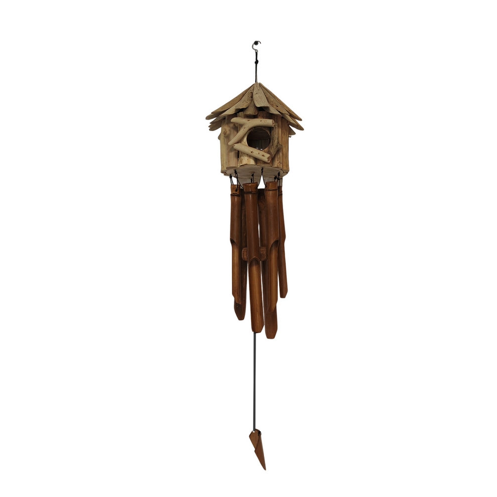 CARILLON BAMBOU ET CABANE A OISEAU NICHOIR FACON BOIS FLOTTE 28 X 50 X 28  CM - Photo N°1