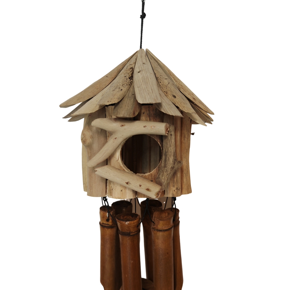 CARILLON BAMBOU ET CABANE A OISEAU NICHOIR FACON BOIS FLOTTE 28 X 50 X 28  CM - Photo N°2