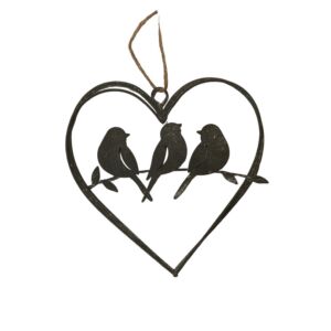 COEUR 3 OISEAUX SUR BRANCHE METAL GRIS A SUSPENDRE 13.5 X 14 X 0.3 cm
