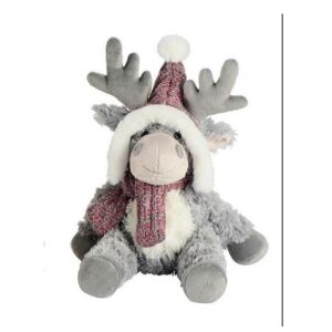 PELUCHE CARIBOU GRIS NOMME ALLAN BONNET ET ECHARPE 26 CM