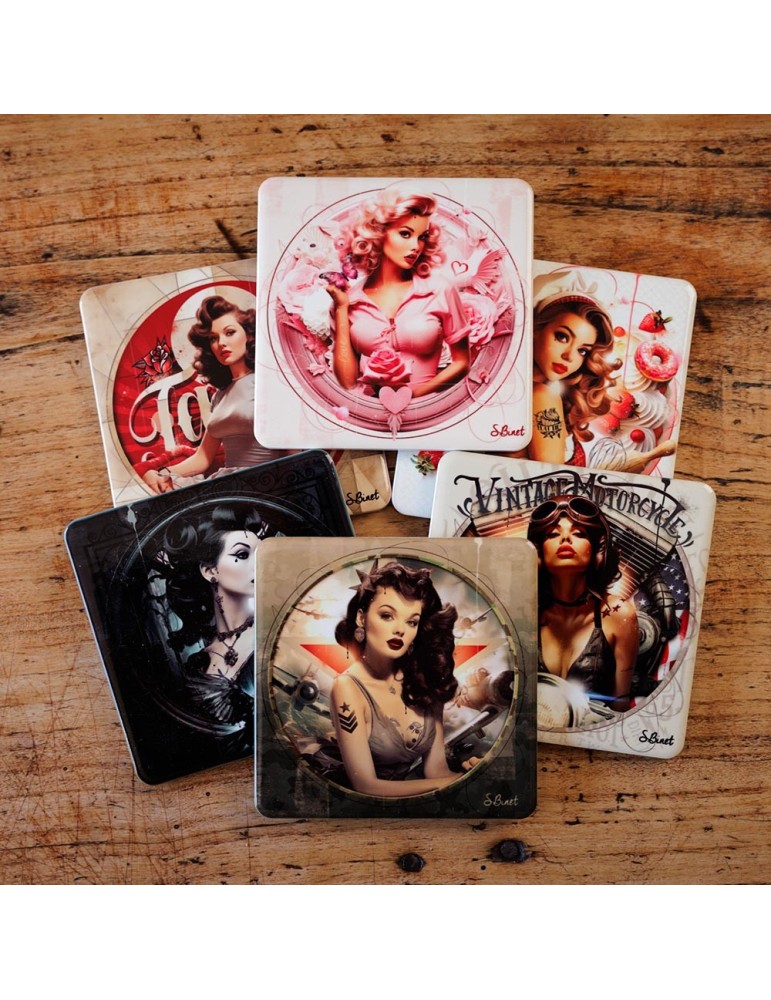 SET DE 6 SOUS VERRES DIFFERENTS COLLECTION PIN-UP S.BINET 10 X 10 CM - Photo N°1