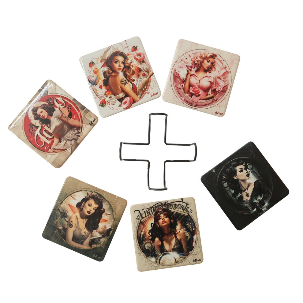 SET DE 6 SOUS VERRES DIFFERENTS COLLECTION PIN-UP S.BINET 10 X 10 CM - Photo N°2