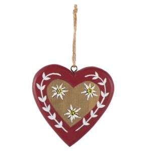 COEUR EN BOIS NATUREL  et  ROUGE AVEC EDELWEISS   10 x 9.5 x 1.5 cm