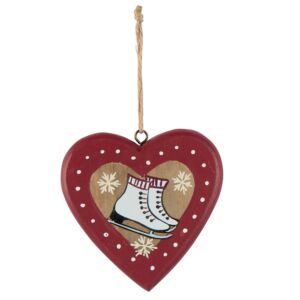 COEUR EN BOIS NATUREL  et  ROUGE AVEC FLOCONS ET PATINS A GLACE  10 x 9.5 x 1.5 cm