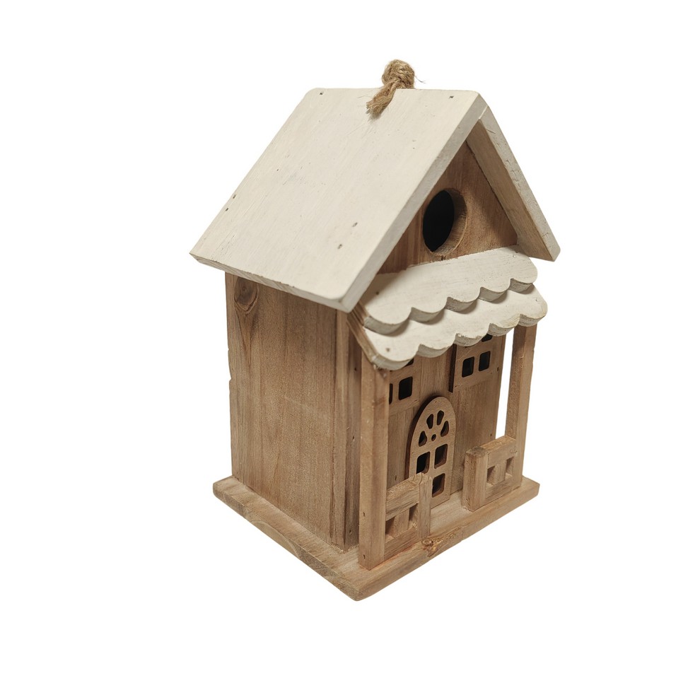 CABANE A OISEAUX CHALET BOIS NATUREL ET BLANCHE 16 X 22 X 12 CM - Photo N°5