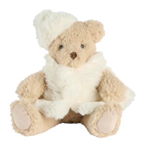 PELUCHE OURS BEIGE NOMMEE ARYA MANTEAU ET CHAPEAU BLANC 29 CM