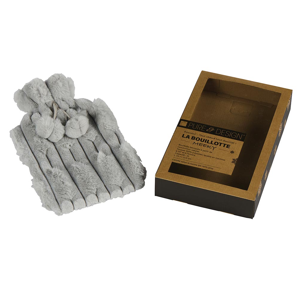BOUILLOTTE GRISE EN FAUSSE FOURRURE 34 X 21.5 CM - Photo N°1