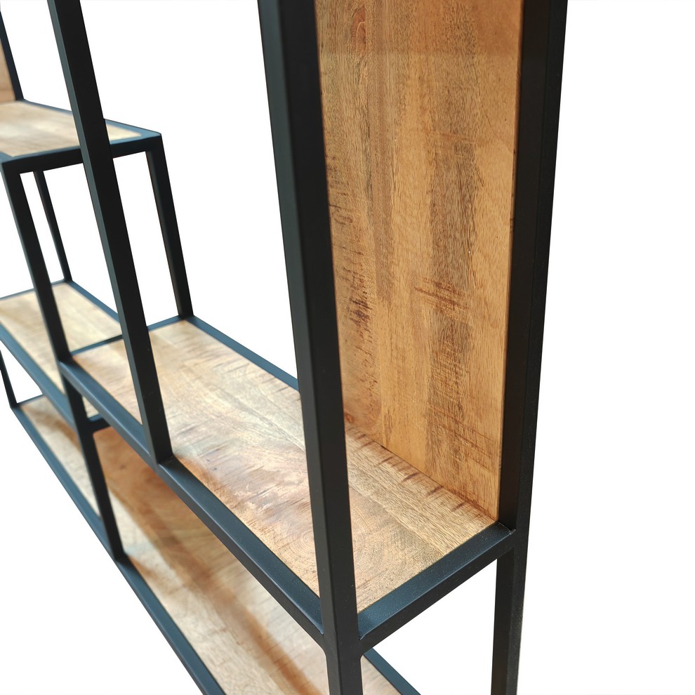 ETAGERE MURALE METAL NOIR ET BOIS DE MANGUIER 100 X 100 X 16 CM - Photo N°3